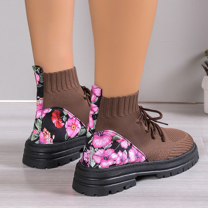 Flowers Print Sock Boots Knitted Mesh Shoes Breathable High-top Elastic Slip-on Shoes For Women Autumn Winter Ankle Boots My Store