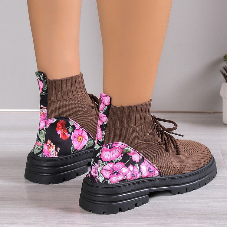 Flowers Print Sock Boots Knitted Mesh Shoes Breathable High-top Elastic Slip-on Shoes For Women Autumn Winter Ankle Boots My Store