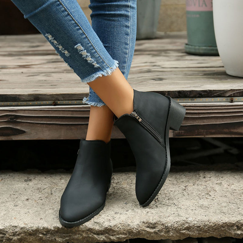 Ankle Boots Women Chunky Mid Heel Shoes Waterproof Side Zipper Boots My Store