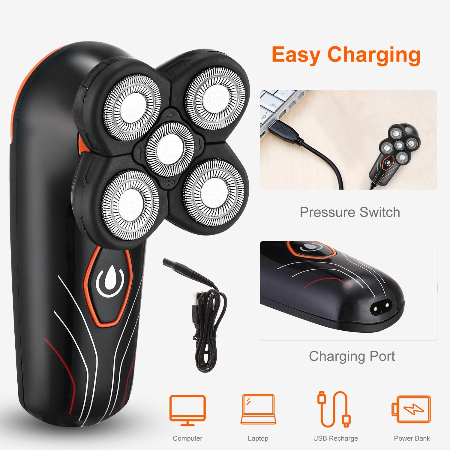 4D Electric Shavers Razor IPX7 Waterproof Wet & Dry 5 Floating Head Rotary Shavers Rechargeable Beard Trimmer Shaving Razor For Men 1Heartof5