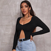 Long Sleeved Crop Cardigan Top Sexy Button Knit T-shirt My Store