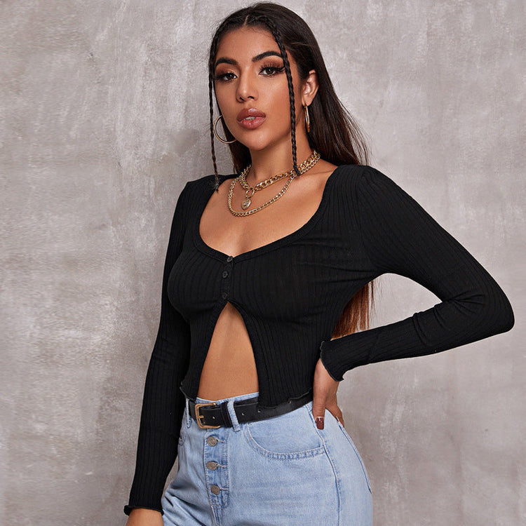 Long Sleeved Crop Cardigan Top Sexy Button Knit T-shirt My Store