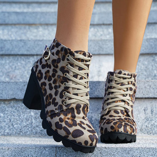 Fashoin Leopard Print Ankle Square Heel Suede Lace-up Zip Boots Women Casual Versatile Shoes Autumn And Winter My Store