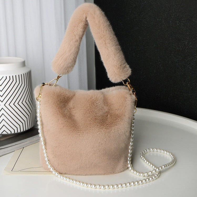 Checkerboard Plush Bucket Bag With Pearl Chain Design Winter Fashion Luxury Handbags For Women Personalized Shopping Shoulder Bags My Store